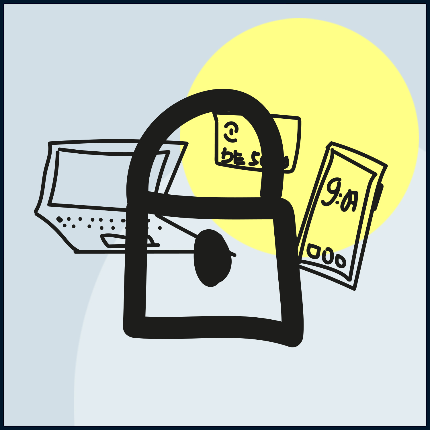 eine Illustration, Laptop, Smartphone und Bankkarte hinter einem Vorhängeschloss